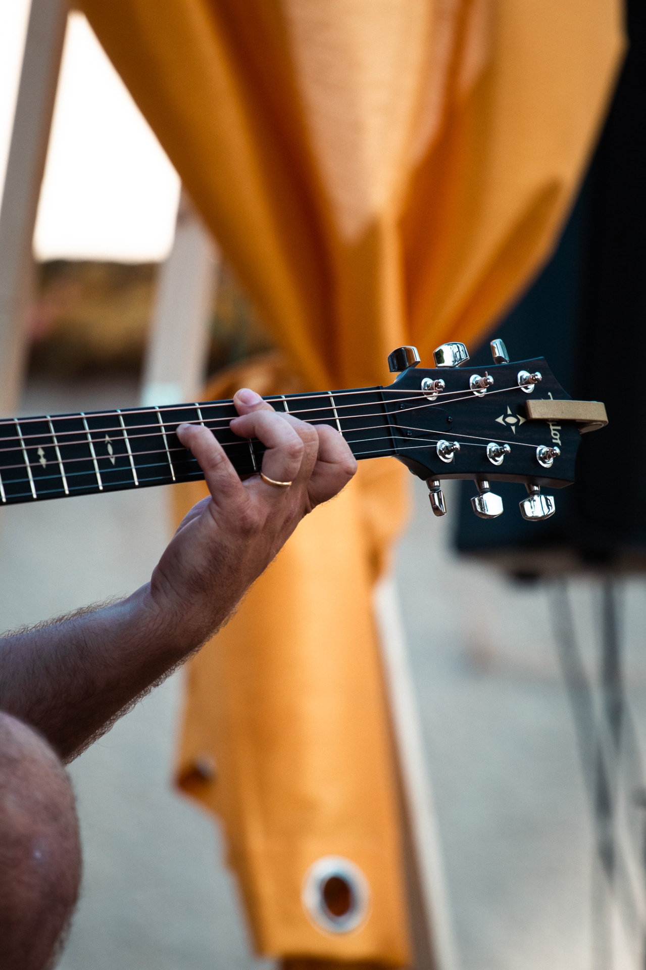 Gros plan sur le manche de la guitare Taylor en concert